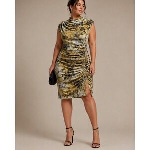 Anthropologie Maya Ruched Cowl Neck Dress Yellow Snakeskin Sleeveless Sheath XL